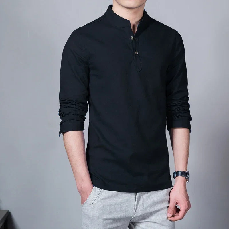 Men's Clothing  Men Spring Tops & Tees Male Fashion T-Shirts Stand Collar Long-sleeved Slim Base Shirt Homme Linen t-shirt