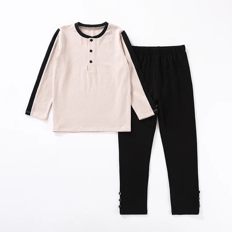 Children Clothes 2pcs Set Long Top and Pants Children Casual Set with Front Opening Cotton Kids Clothes Black Patches Sleeves