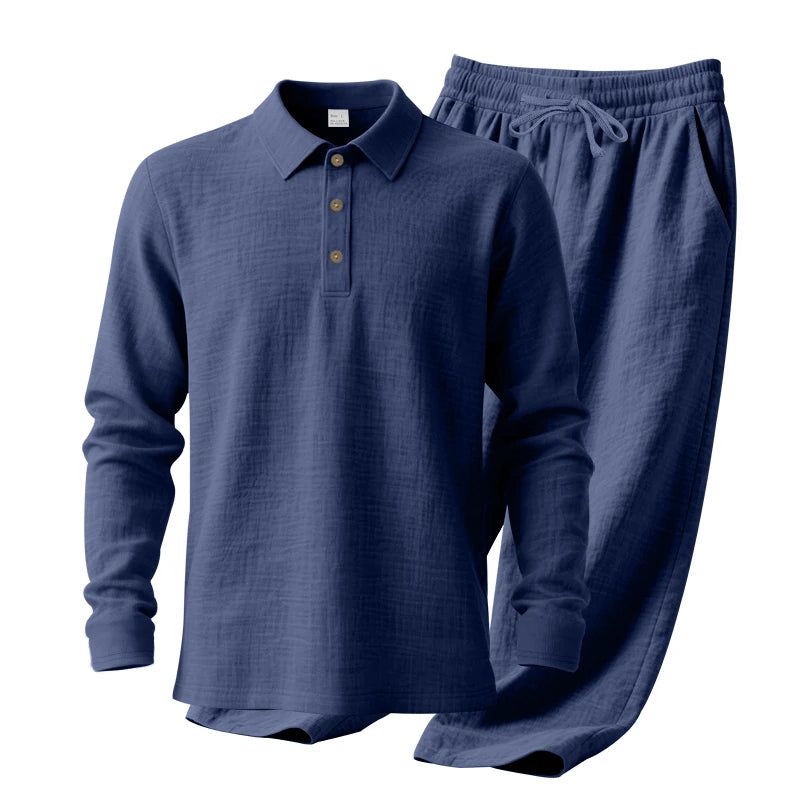 Men's Clothing Set Linen Two-Piece Set: Long-Sleeve Polo Shirt and Straight-Leg Pants Set, Casual Beach Sportswear