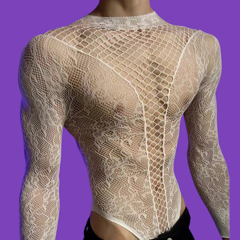 Men's Christmas Bodysuits Male Long Sleeved Uniforms Autumn Winter Underwear Fetish Breathable Gentlemen Mesh Clothes White Red