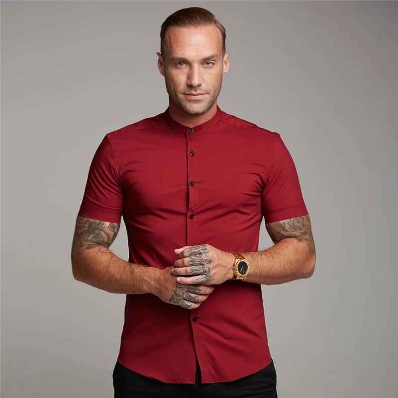 Mens Casual Broadcloth Shirt Summer Slim Fit Short Sleeve Plain Dress Shirt for Gym Business Social