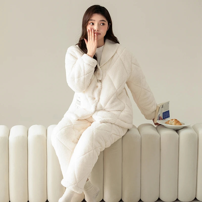 Newest winter 3 layer clip cotton pajama set couple turn-down collar pyjamas thick warm home clothing