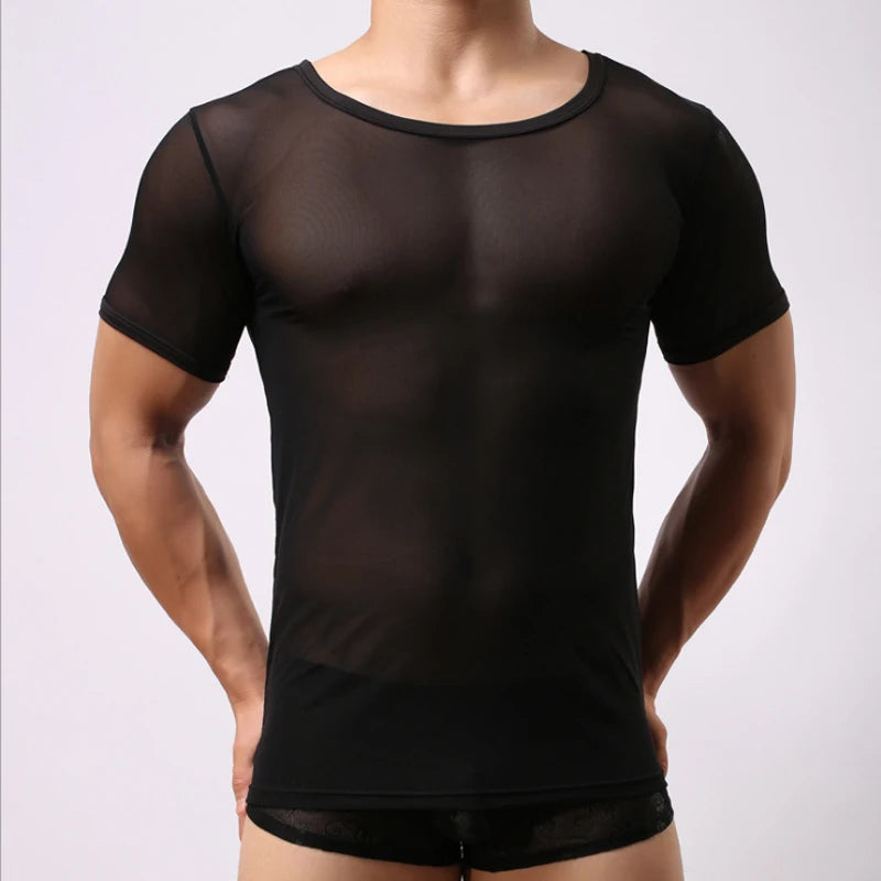 Mens T-shirt Sexy Transparent Sheer Mesh Breathable Underwear See Through Short Sleeve Undershirt Fitness Casual Tops Tees