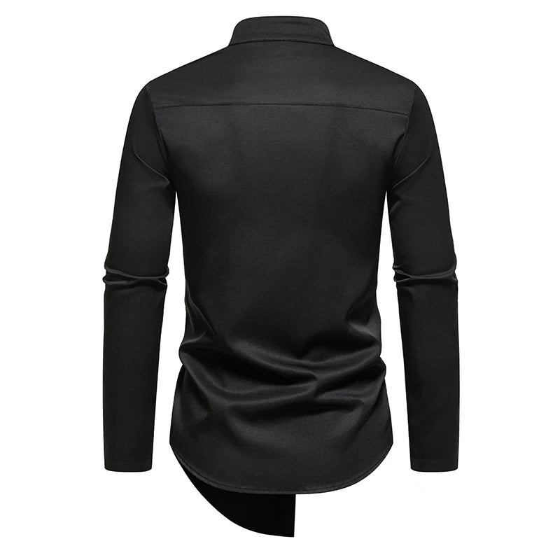 Mens Dress Shirts Vintage Personality Irregular Crop Long Sleeve Business Stand Collar Shirt Men Camisas Streetwear Blusas Tops