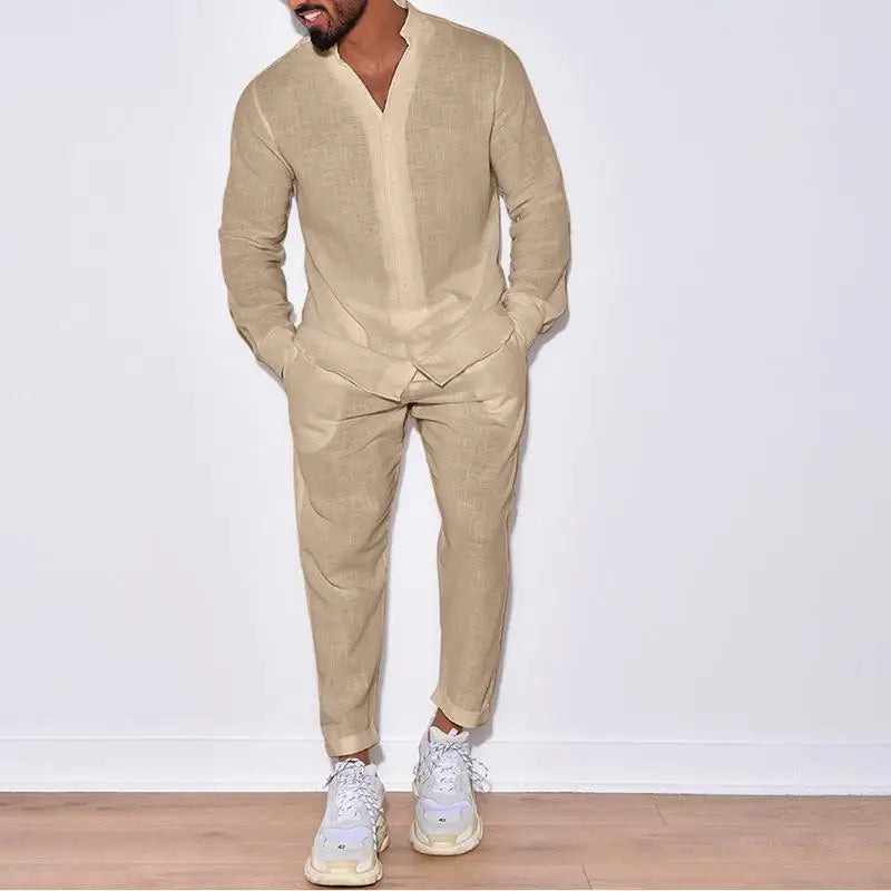 Mens Sets Linen Spring Autumn Leisure Suit Long Sleeve Shirts and Trousers Two Piece Sets Fashion Men Hot Sales Comfortable
