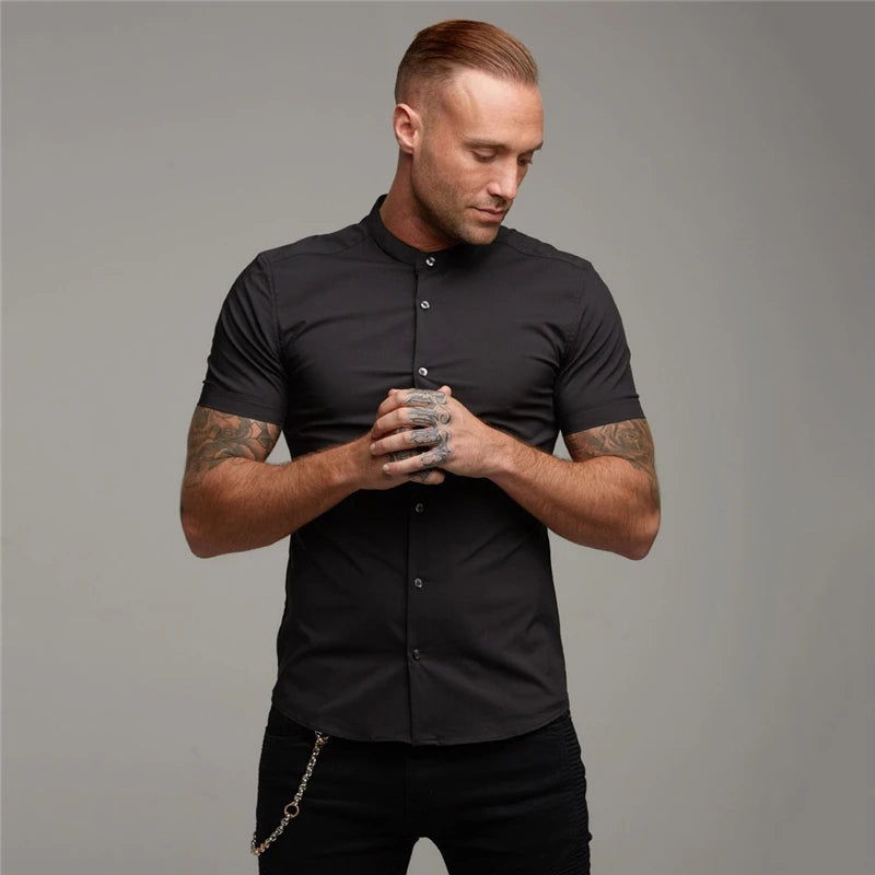 Mens Casual Broadcloth Shirt Summer Slim Fit Short Sleeve Plain Dress Shirt for Gym Business Social