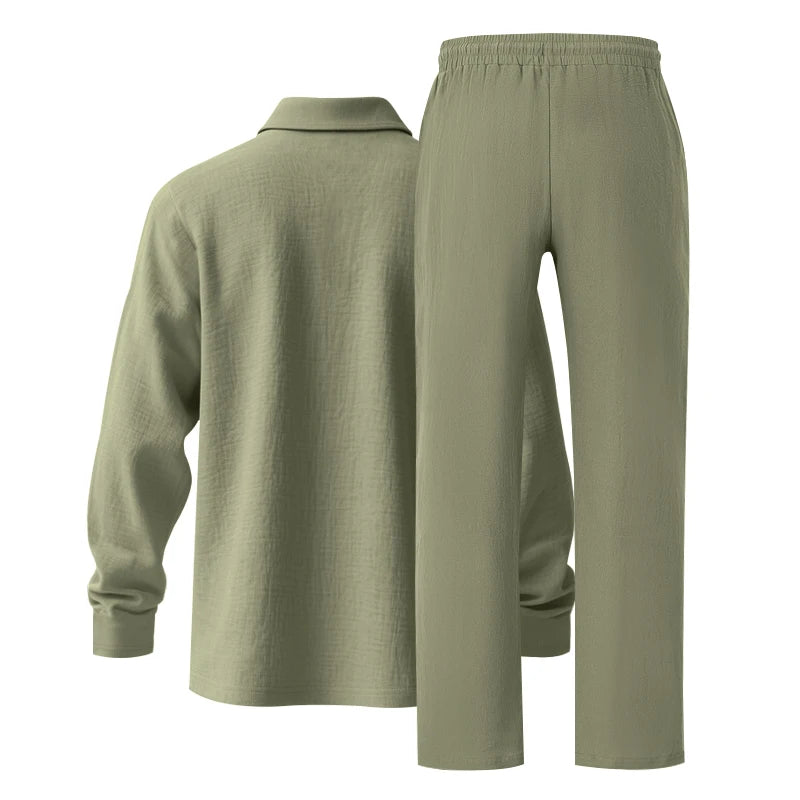 Men's Clothing Set Linen Two-Piece Set: Long-Sleeve Polo Shirt and Straight-Leg Pants Set, Casual Beach Sportswear
