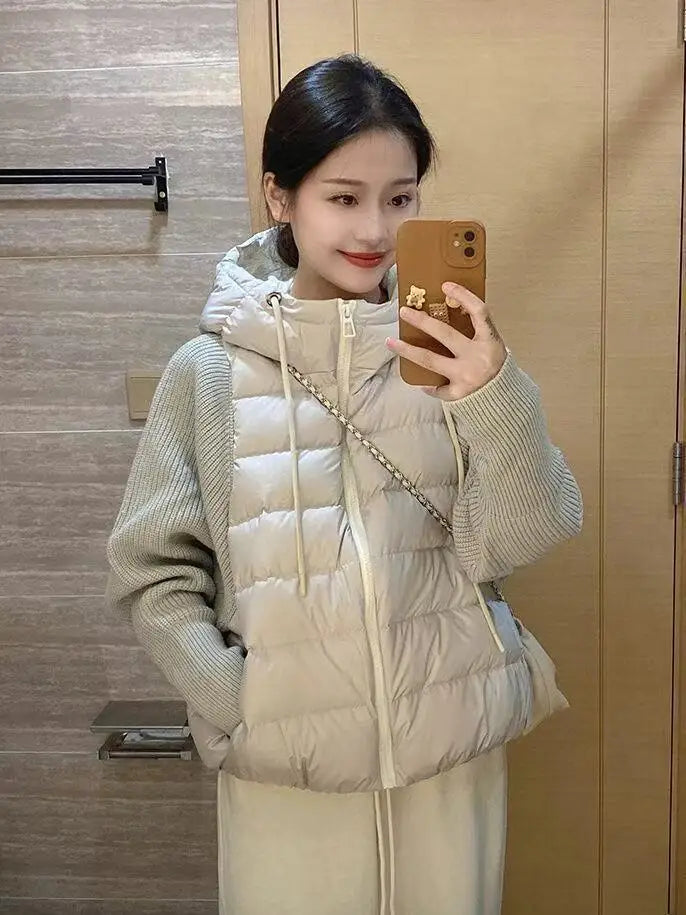 Women's Clothing Knitted Splicing Down Cotton Coat Warm Versatile Short New Winter