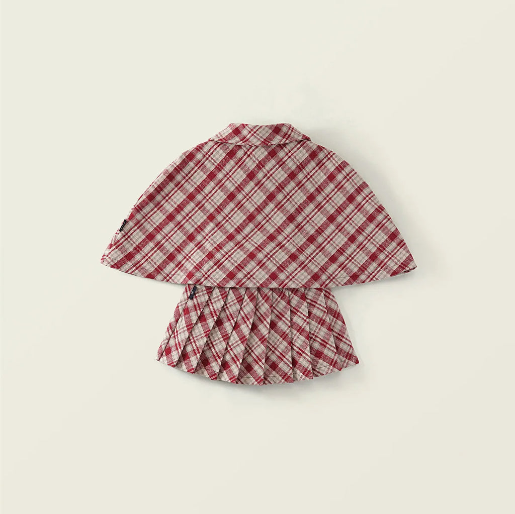 Fashion Children's Clothing Sets 2025 Autumn and Winter New Red Plaid Woolen Suit Girls' Thick Cloak Jacket+ Pleated Skirt
