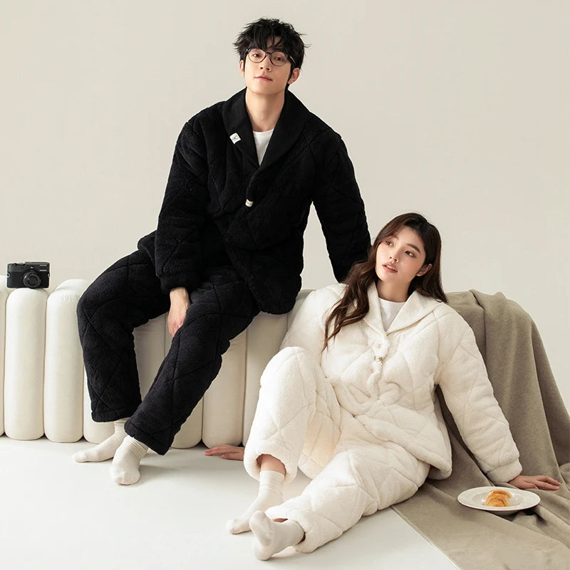 Newest winter 3 layer clip cotton pajama set couple turn-down collar pyjamas thick warm home clothing
