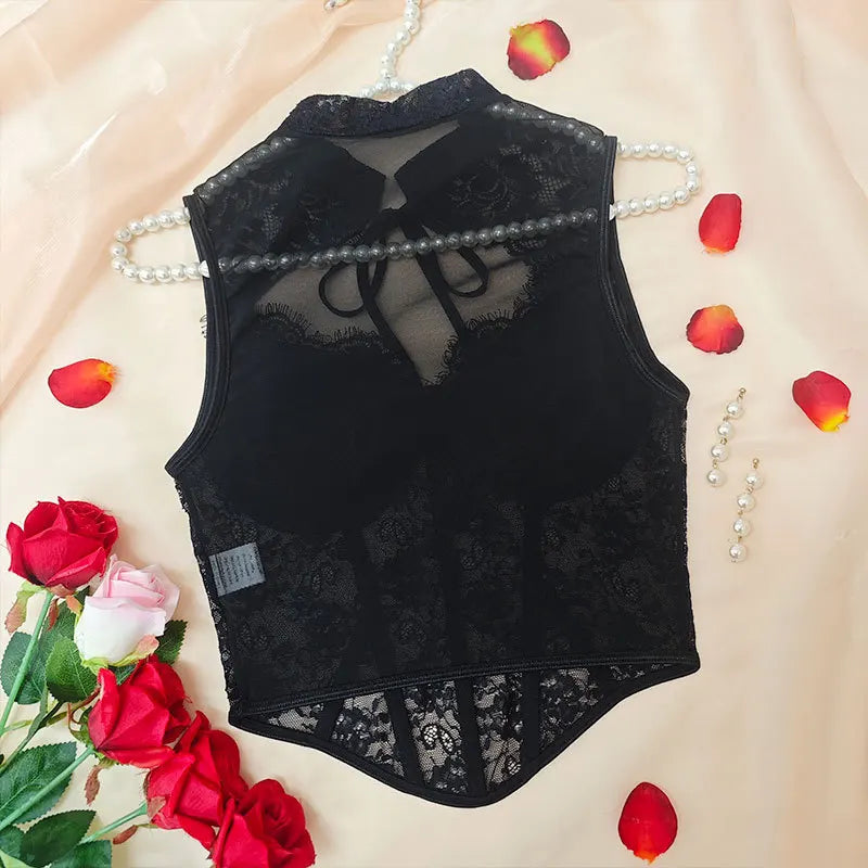 Women Sexy Lace Top See Through Corset Tank Elegant Ladies Sheer Camis Push Up Off Shoulder Vest Outfit
