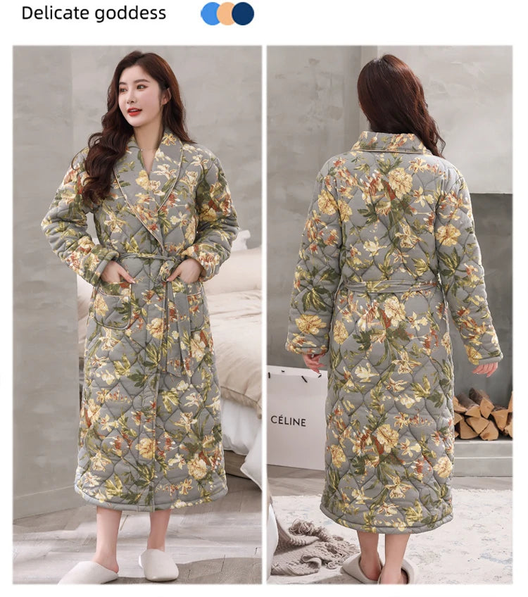 Peignoir Homme Women Robe Winter Warm Cotton Quilted Women's Bathrobe Nightgown Dressing Gown Sleepwear Female Home Clothing
