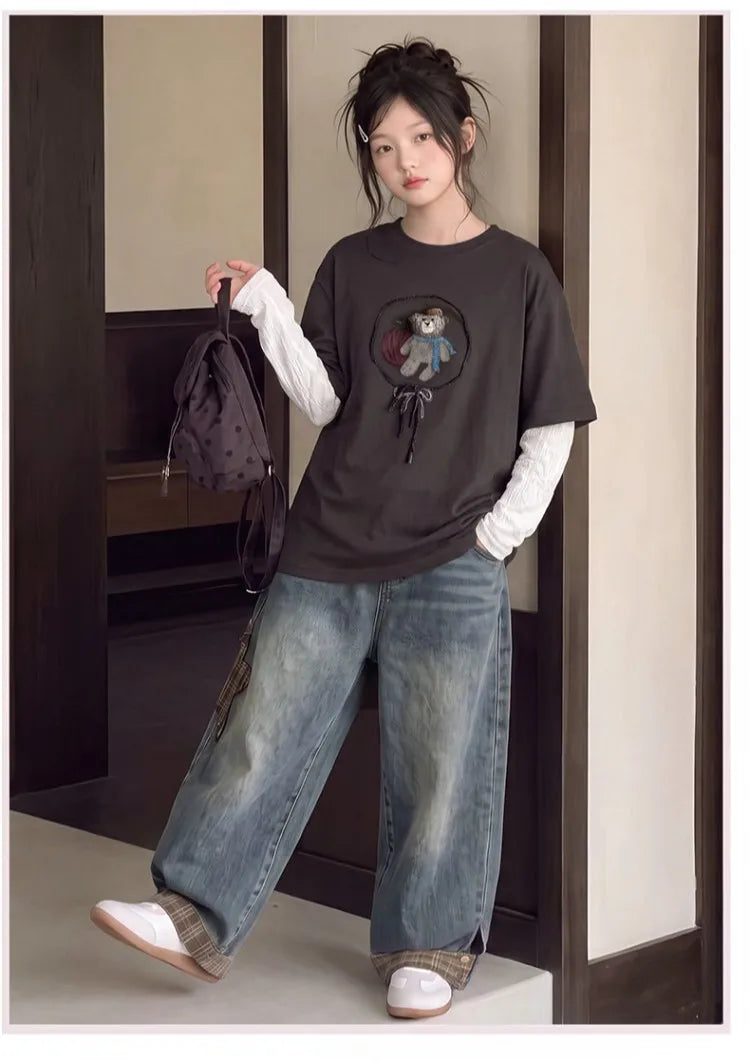 Children Clothes Suit Autumn Girls Long Sleeve T‑Shirt and Wide Leg Jeans Cute Bear Plaid Star Patch