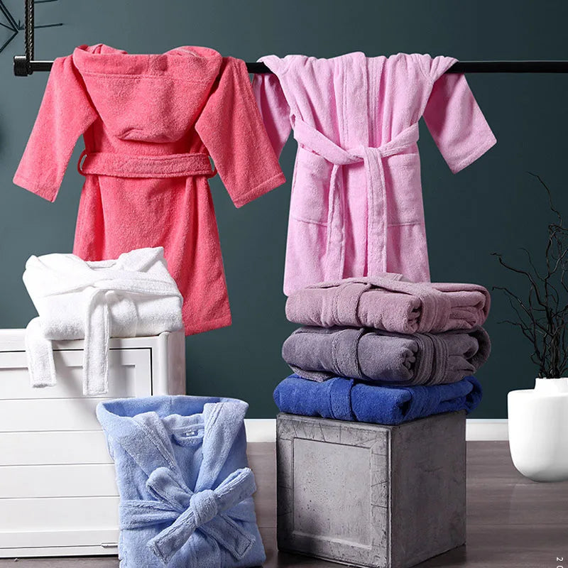Children Bathrobe 100% Cotton Thickened Soft Hooded Belted Towel Robe for Boys Girls Aged 2-12 Years