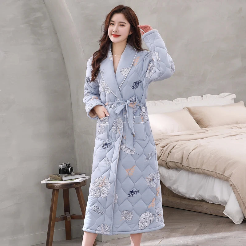 Peignoir Homme Women Robe Winter Warm Cotton Quilted Women's Bathrobe Nightgown Dressing Gown Sleepwear Female Home Clothing