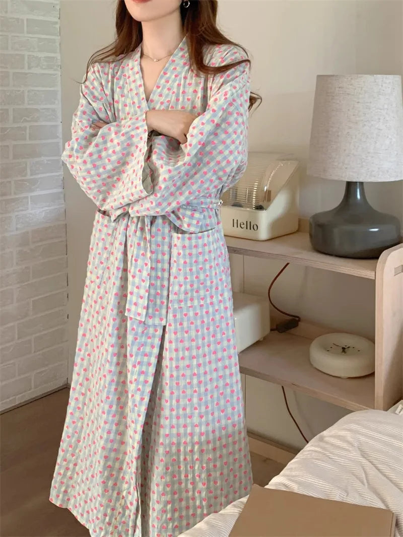 bathrobe women's bathing love plaid loose long sleeve long kimono V-neck lace up trousers nightgown sexy robe women's girl