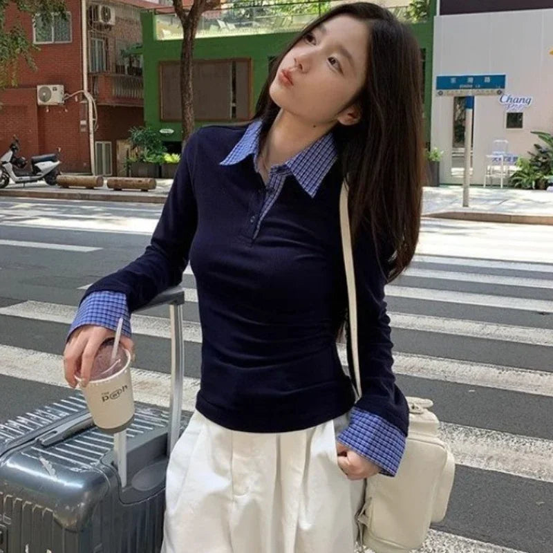 2026 Women Clothing Fake Two T Shirts Long Sleeve Tunic Camisetas Patchwork Plaid Fashion Tees Casual Korean Tshirt Ropa Mujer