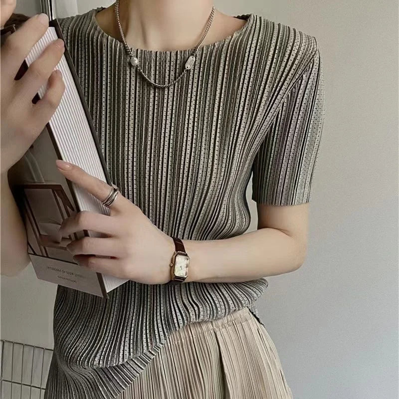 Woman Clothing  Top Women Miyake Pleated Short-sleeved Female Summer Thin Elastic Round Neck Joker Slim Pleated Hollow T-shirt