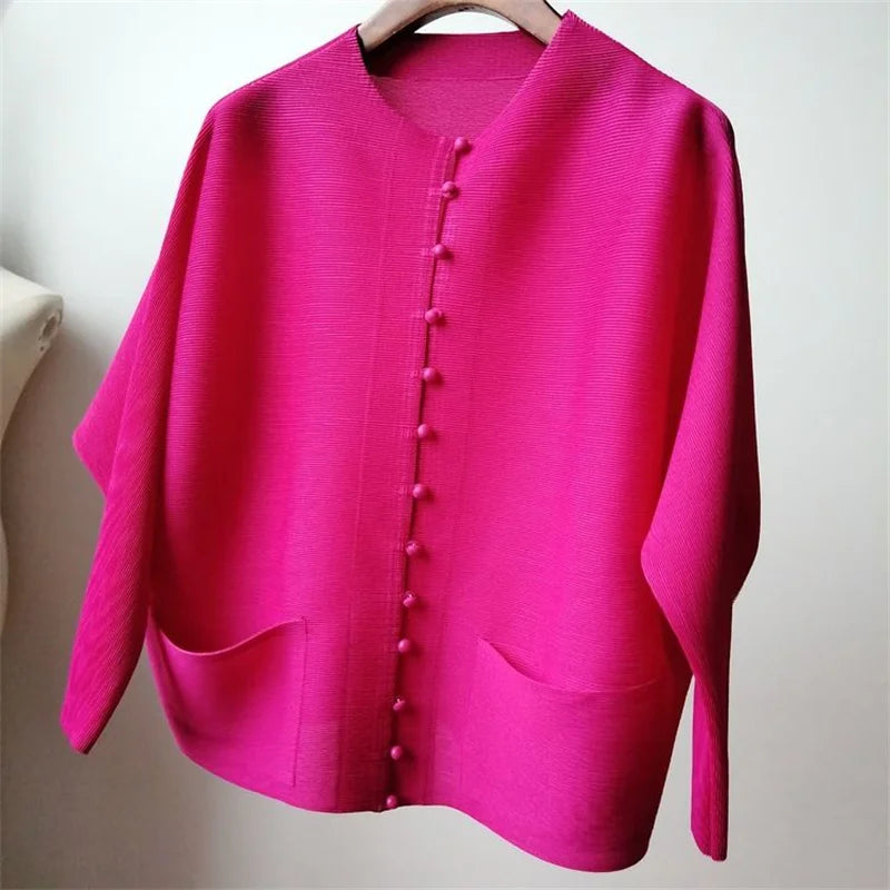 Woman Clothing T-shirt Bat Sleeves Loose and Pleated Small Jacket Women's Single-breasted Pocket Design Pleated Semi-Turtleneck
