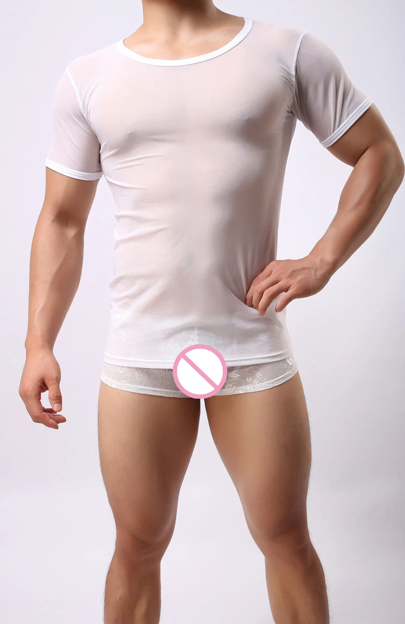 Mens T-shirt Sexy Transparent Sheer Mesh Breathable Underwear See Through Short Sleeve Undershirt Fitness Casual Tops Tees