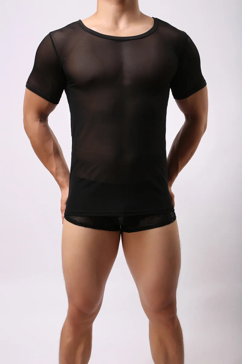 Mens T-shirt Sexy Transparent Sheer Mesh Breathable Underwear See Through Short Sleeve Undershirt Fitness Casual Tops Tees