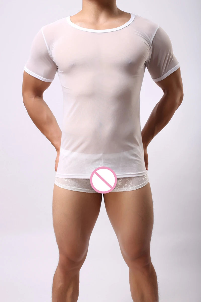 Mens T-shirt Sexy Transparent Sheer Mesh Breathable Underwear See Through Short Sleeve Undershirt Fitness Casual Tops Tees