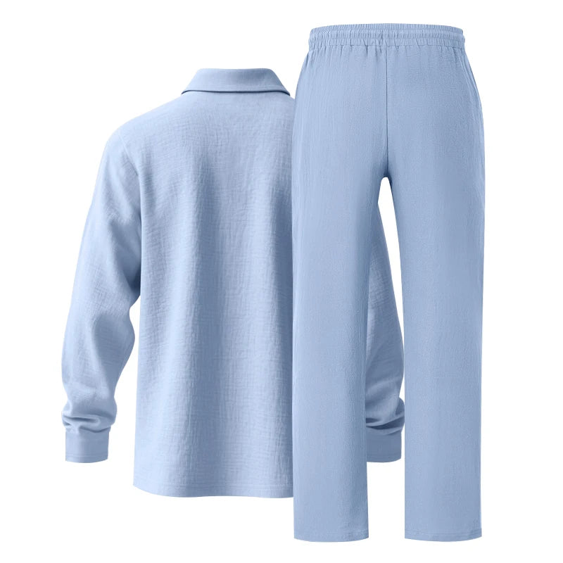 Men's Clothing Set Linen Two-Piece Set: Long-Sleeve Polo Shirt and Straight-Leg Pants Set, Casual Beach Sportswear