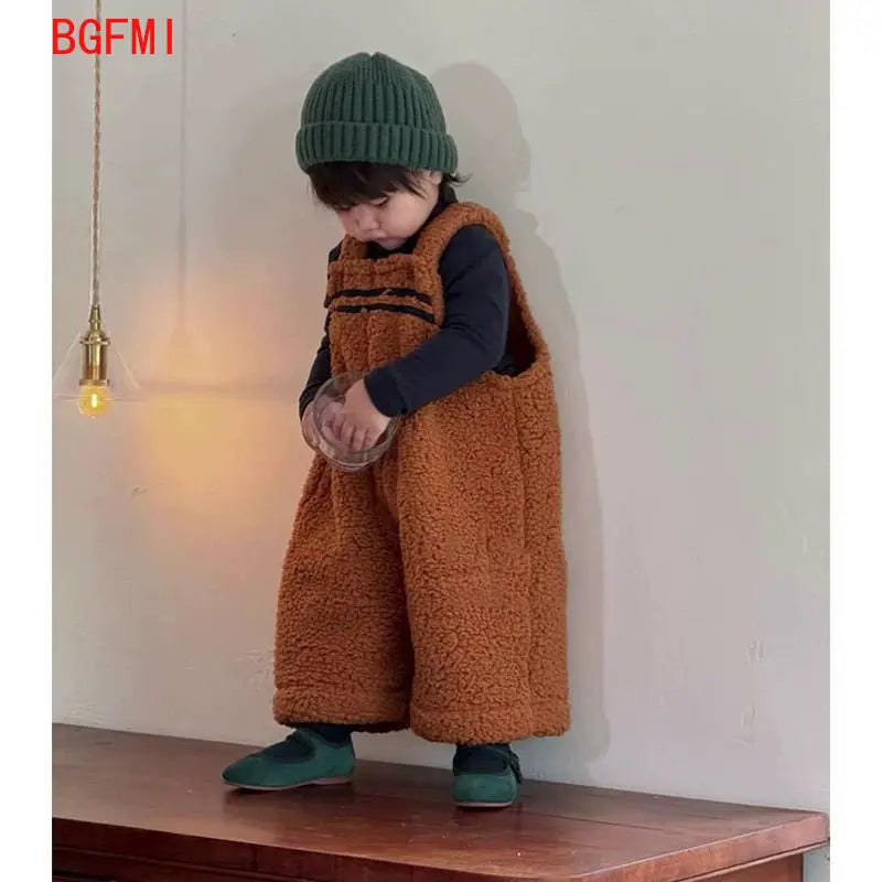 Korean Female Child Clothes Boys Infant Bottoms Children's Pants Girls Coffee Retro Lamb Wool Overalls Men's Baby Clothes 1-8 Y