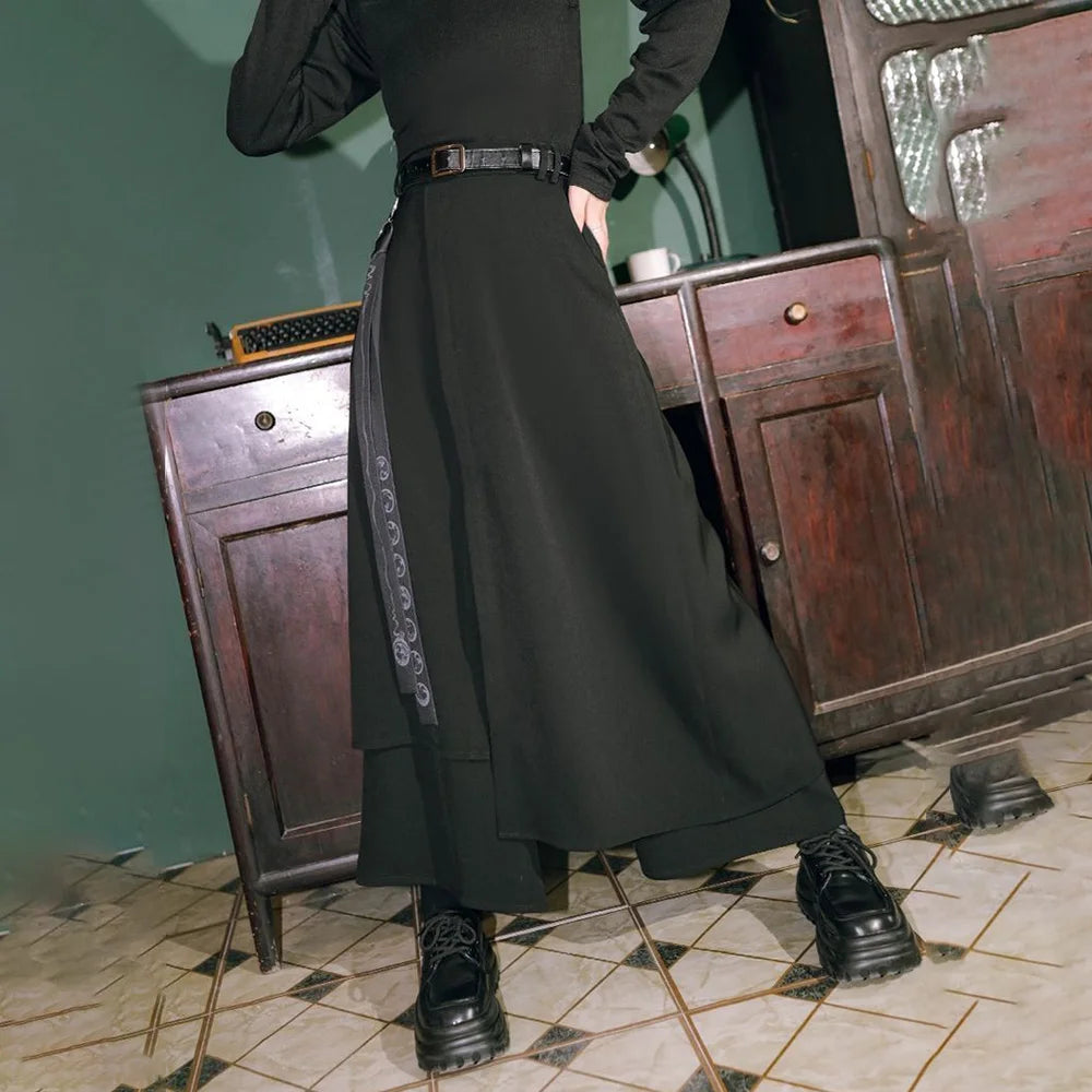Mens Gothic Culottes Irregular Double Layer Japanese Samurai Skirt Ribbon Chain Loose Casual Hakama Pants Men'S Clothing Unisex