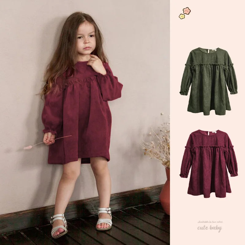 Children Clothing 2025 Autumn and Winter New Corduroy Long Sleeved Girls Baby Round Neck Lace Sleeves Cute Dress