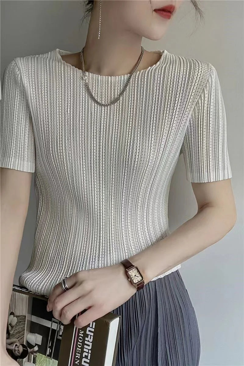 Woman Clothing  Top Women Miyake Pleated Short-sleeved Female Summer Thin Elastic Round Neck Joker Slim Pleated Hollow T-shirt