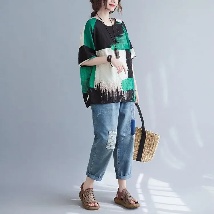 Women Clothing 2025 New Summer Clothing New Style Retro Loose Cotton Linen Short-sleeved T-shirt Top