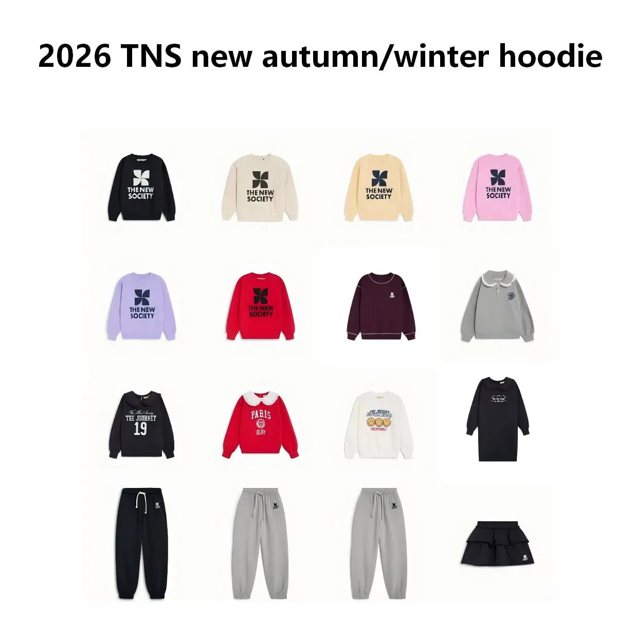 Children's clothing includes TNS autumn/winter hoodies, sweatpants, and ballet gowns.