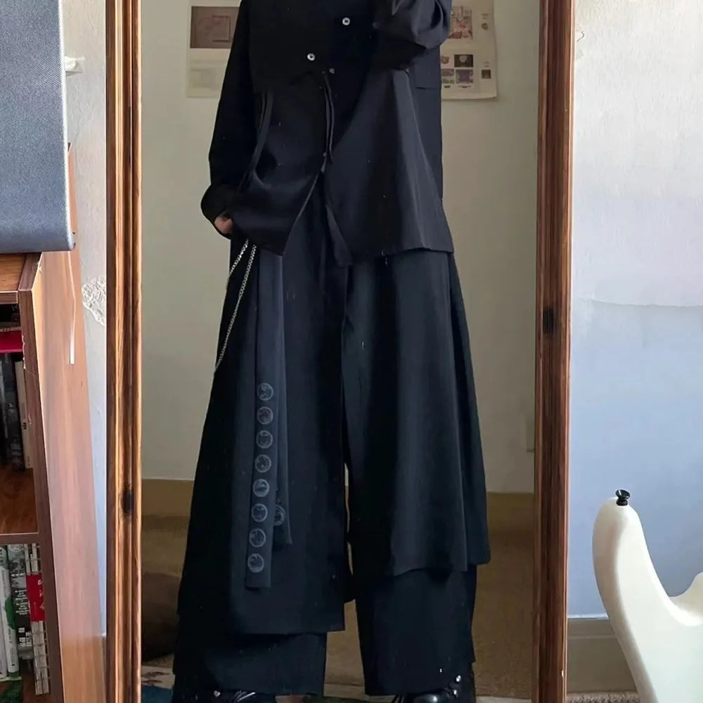 Mens Gothic Culottes Irregular Double Layer Japanese Samurai Skirt Ribbon Chain Loose Casual Hakama Pants Men'S Clothing Unisex