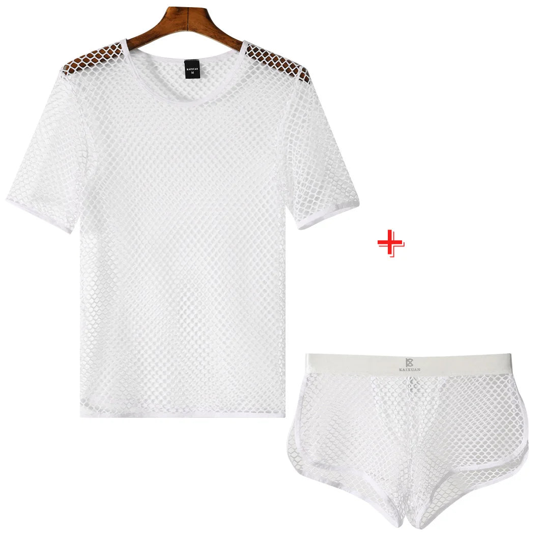Mens Mesh See Through T Shirt Ice Cool Breathable Fishnet Hollow Out Short Sleeve