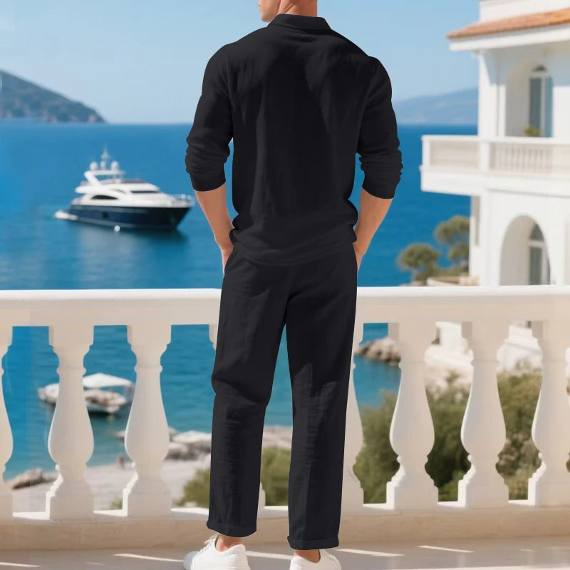 Men's Clothing Set Linen Two-Piece Set: Long-Sleeve Polo Shirt and Straight-Leg Pants Set, Casual Beach Sportswear