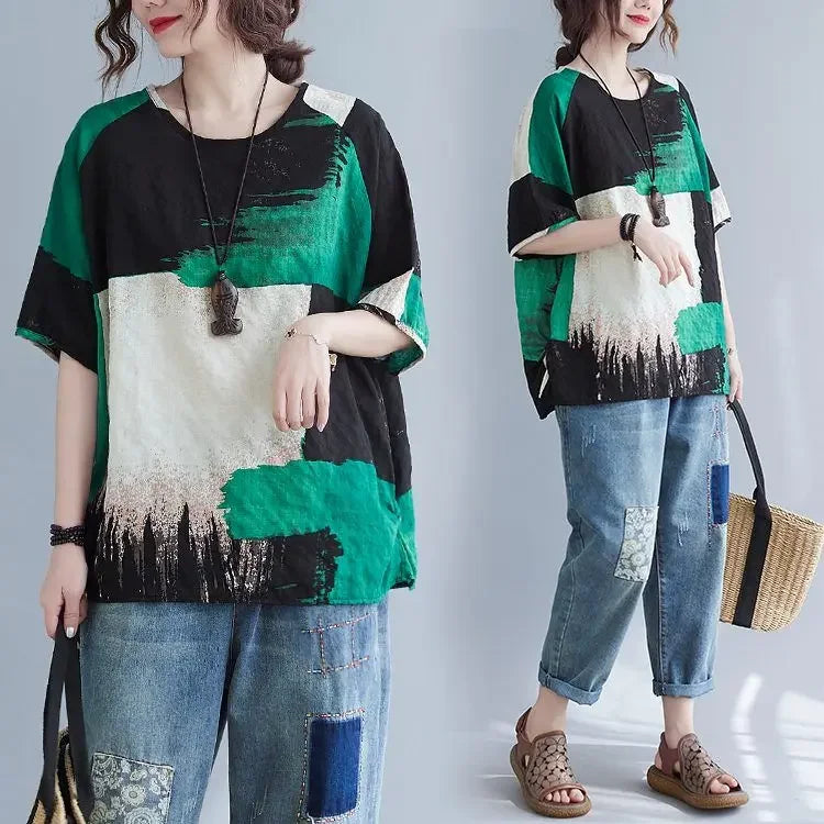 Women Clothing 2025 New Summer Clothing New Style Retro Loose Cotton Linen Short-sleeved T-shirt Top