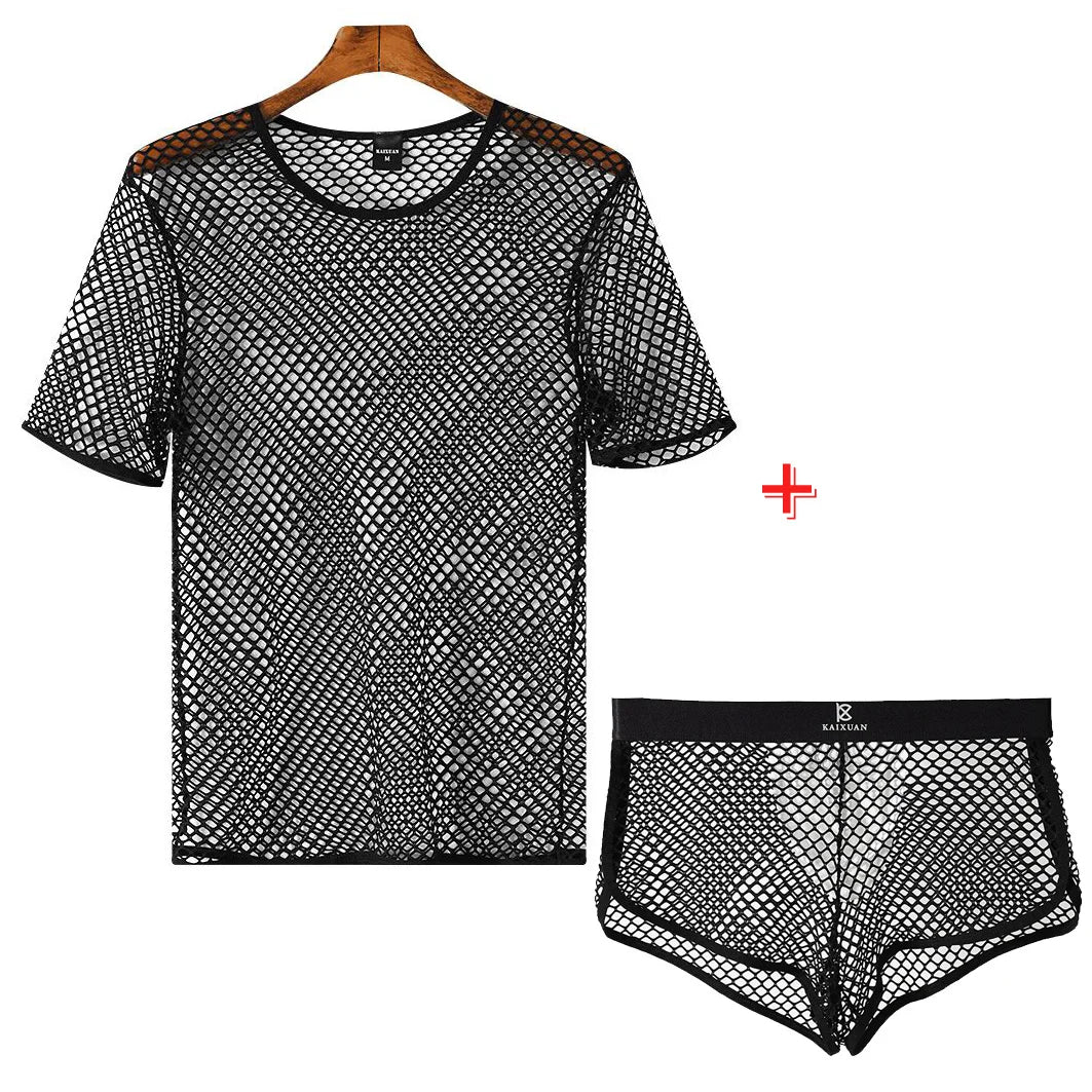 Mens Mesh See Through T Shirt Ice Cool Breathable Fishnet Hollow Out Short Sleeve