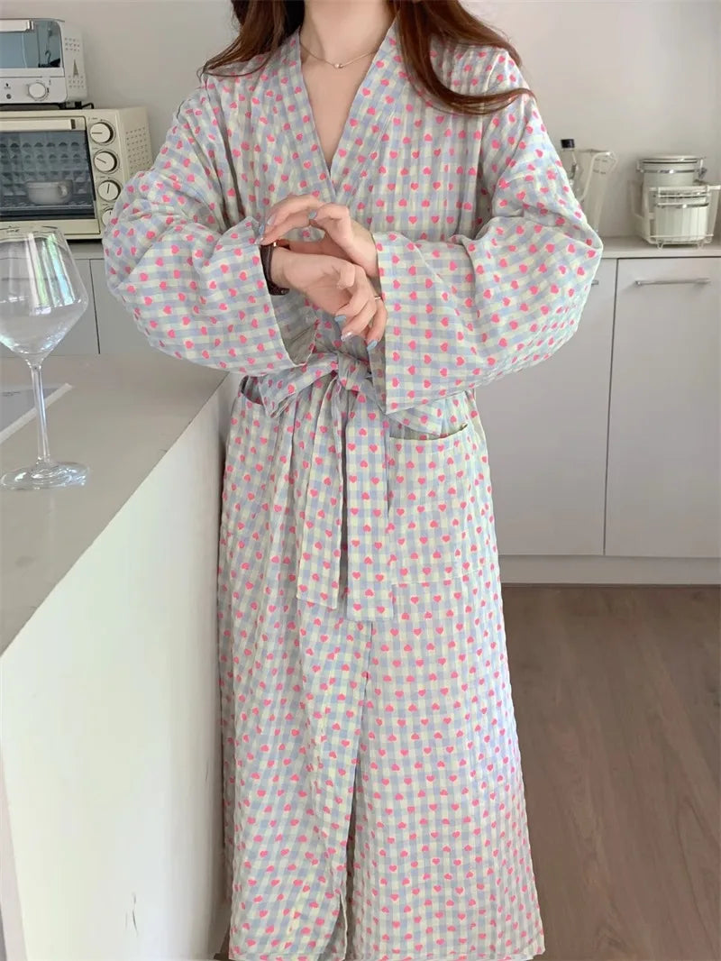 bathrobe women's bathing love plaid loose long sleeve long kimono V-neck lace up trousers nightgown sexy robe women's girl