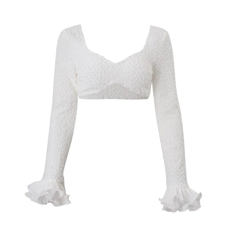 Women's Clothing 2026 Autumn Sexy Temperament Gathering Chest Wrapping Long-sleeved Top Fungus Edge Skirt Set