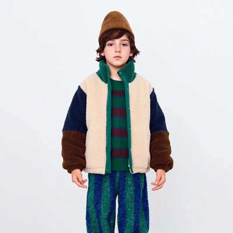 Children's Cotton Clothes 2026 Winter New Fashion Color Block Thickened And Velvet Warm Boys And Girls Cotton Clothes Jacket
