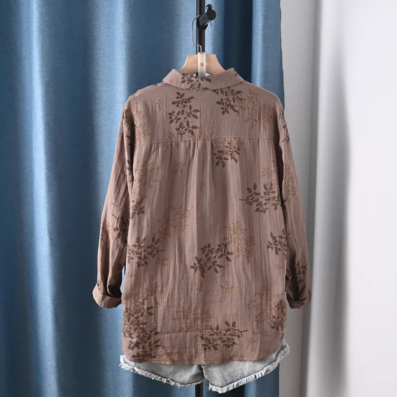 Middle Aged Women Clothing 100% Cotton Yarn Printed Shirts Long Sleeve Blouses for Women Spring Vintage Clothing