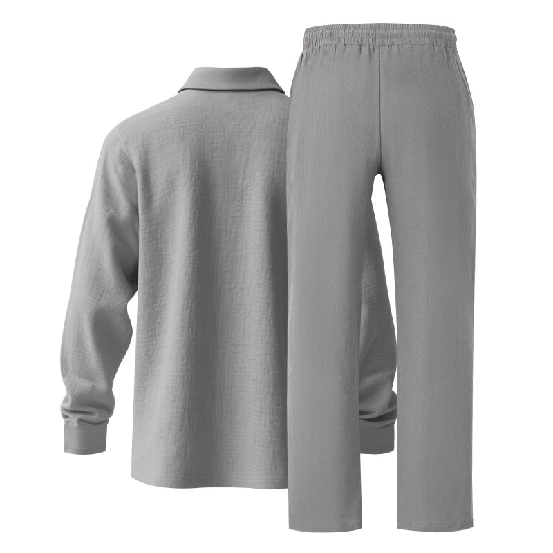 Men's Clothing Set Linen Two-Piece Set: Long-Sleeve Polo Shirt and Straight-Leg Pants Set, Casual Beach Sportswear