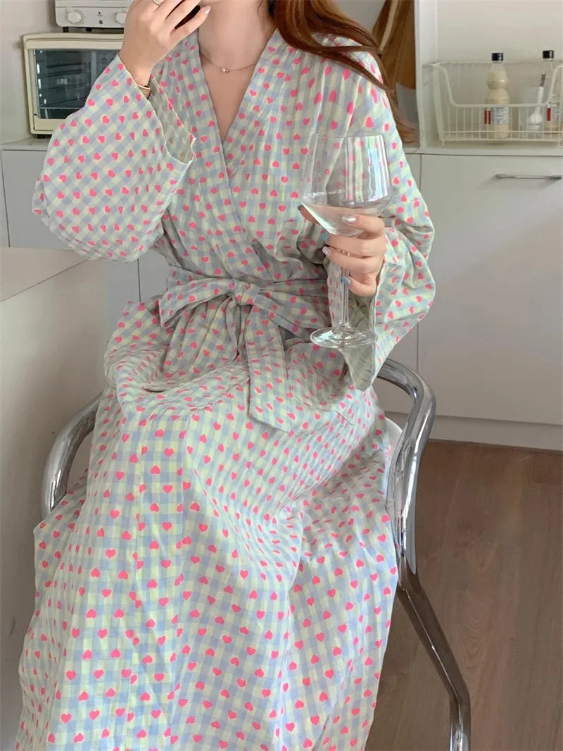 bathrobe women's bathing love plaid loose long sleeve long kimono V-neck lace up trousers nightgown sexy robe women's girl