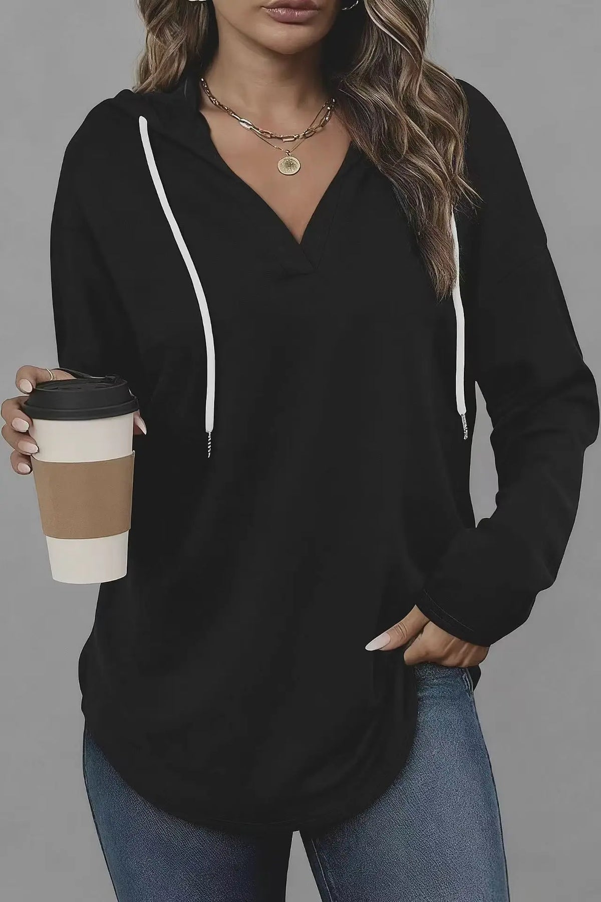 Women's Clothing European American Solid Color Drawstring Sweatshirts Loose Irregular Hoodies Top for Spring Autumn