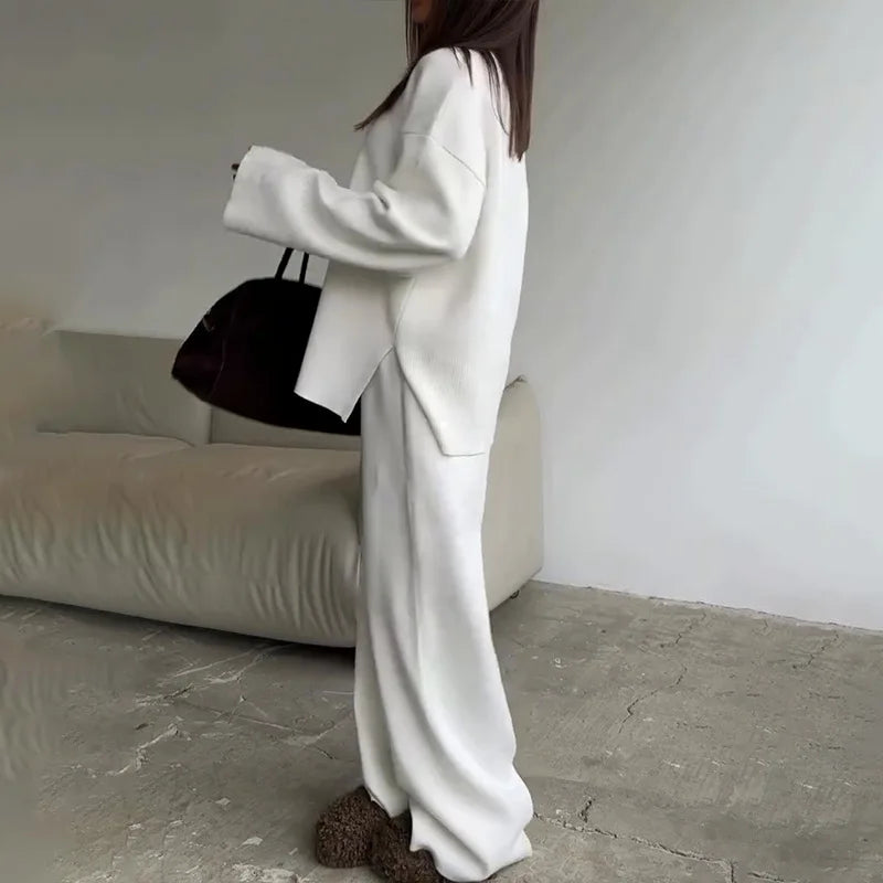 Women's Clothing 2025 Autumn New Solid Color Round Neck Fashion Casual Wide Leg Pants Sweater Suit Female