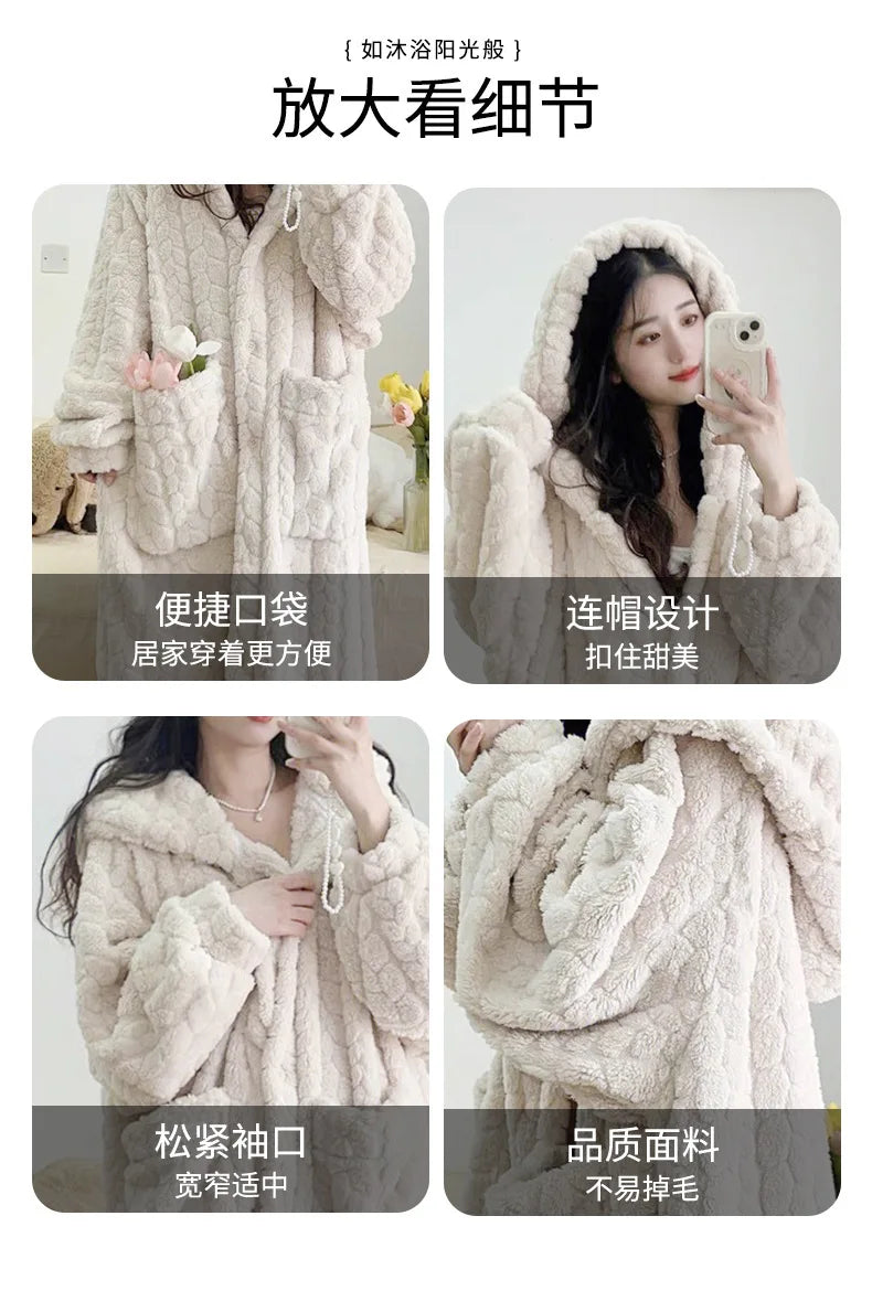 New 2026 Autumn Winter Women's Facecloth Robes Coral Velvet Long Section Cute Sweet Home Wear Lazy Sleeper Robe Pajamas Female