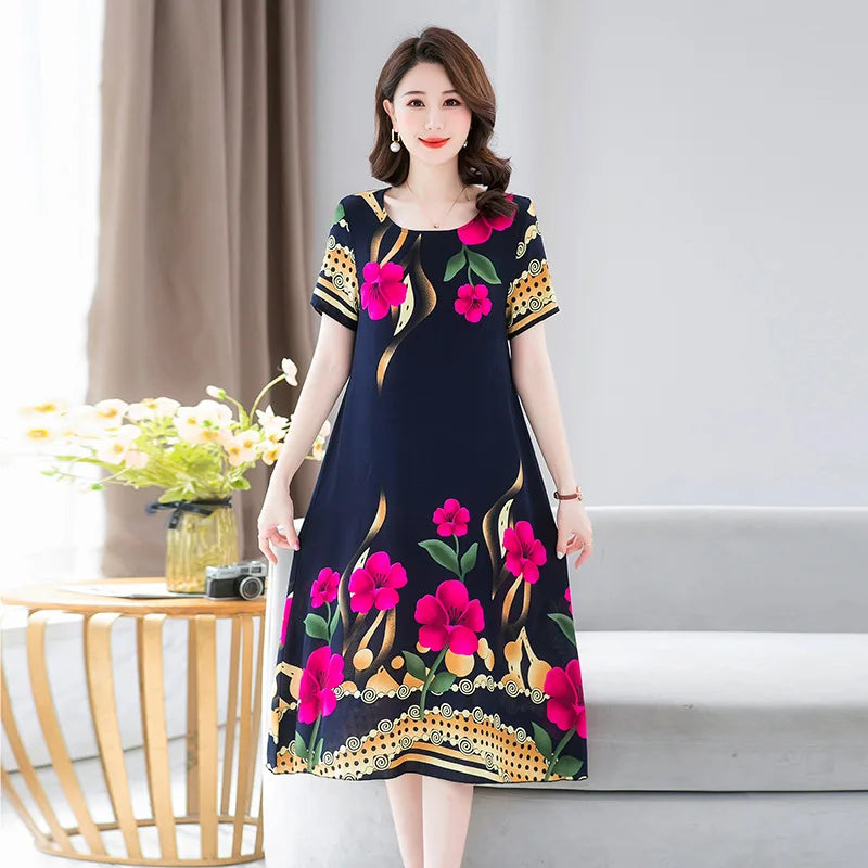 New Summer Home Clothing For Middle-aged Mothers Short Sleeve Sleepwear Dress Cotton Rayon Long Nightdress Women Nightgowns 5XL