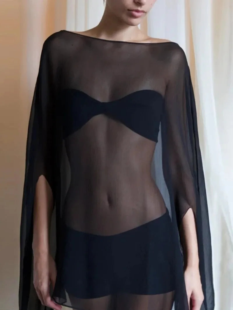 Woman Clothes See-through Chiffon Blouses Sexy Fashion Solid Cover-ups Ladies Elegant Night Club Tops White Black Streetwear
