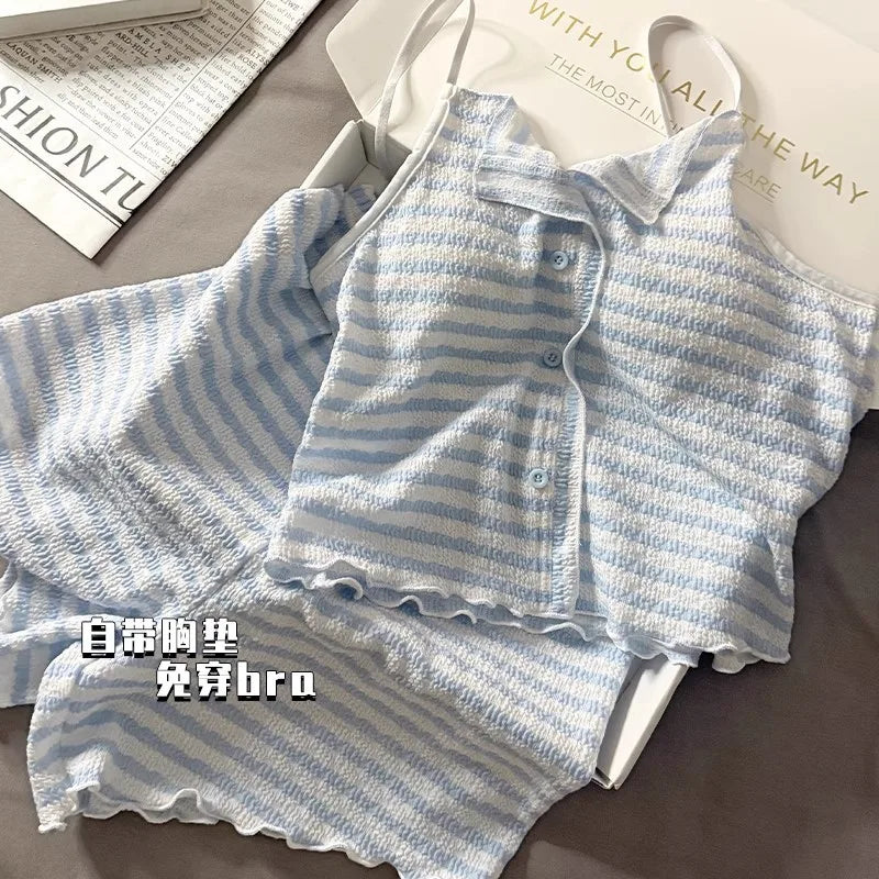 Summer new women's clothing with chest pads, striped suspenders, pajamas, girls, thin vests, shorts, loungewear, two-piece set,